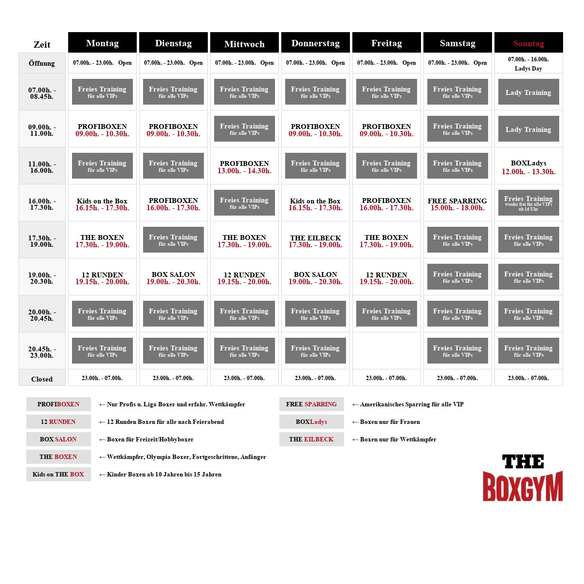 Trainingsplan THE BOXGYM – Kurse und Trainingszeiten